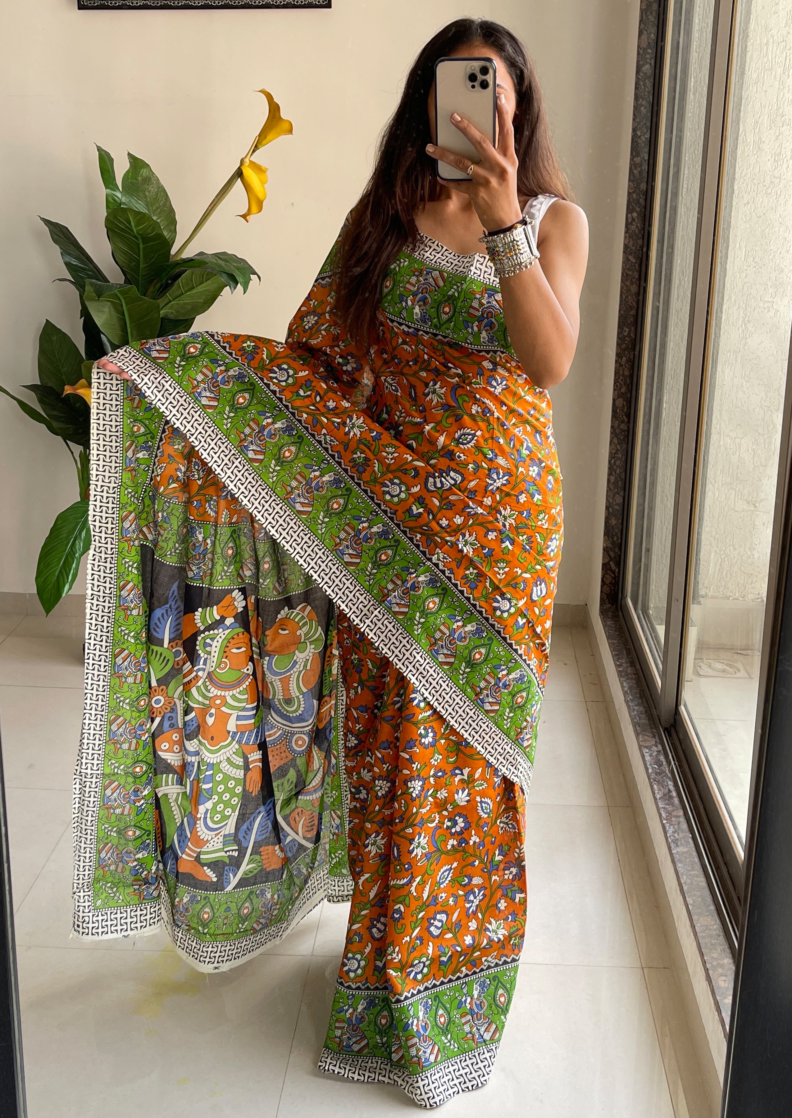 SELFI 23 PURE MUL COTTON TRADITIONAL KALMKARI HANDBLOCK PRINT ORANGE SAREE
