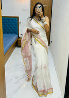 SELFI24 SOFT MASLIN COTTON WITH HEVY ZARI BODAR WHITE SAREE