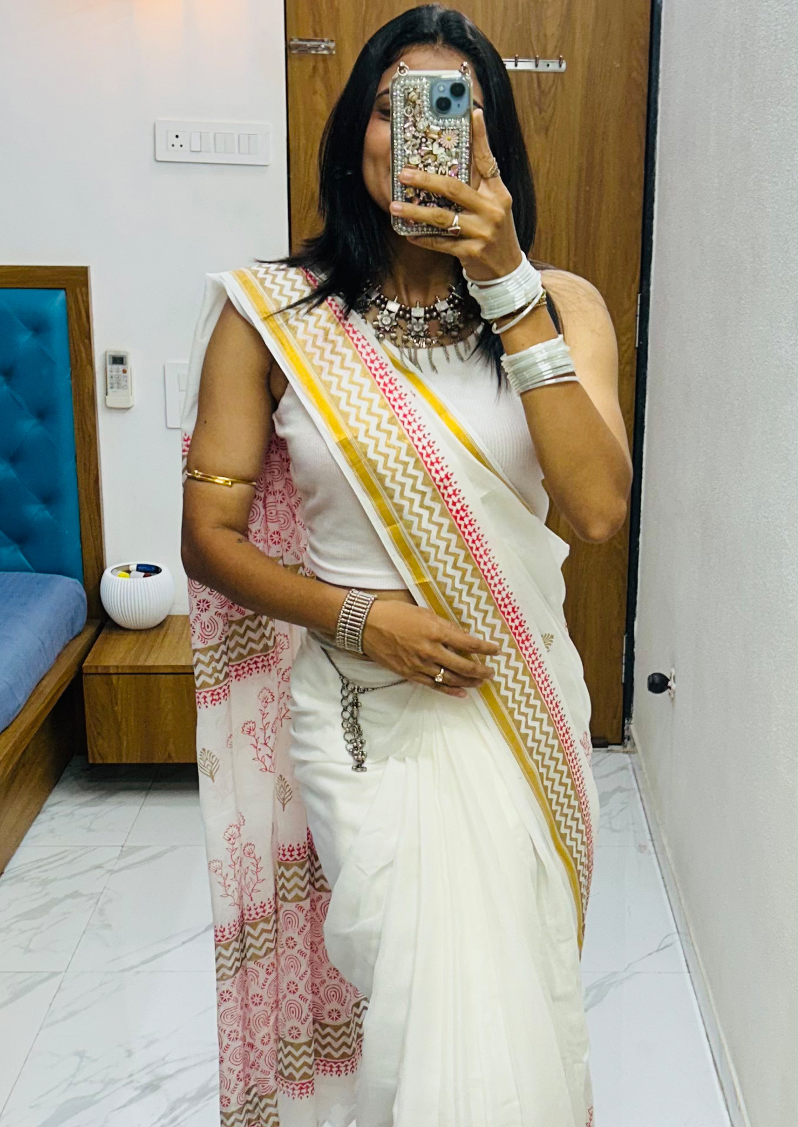 SELFI24 SOFT MASLIN COTTON WITH HEVY ZARI BODAR WHITE SAREE