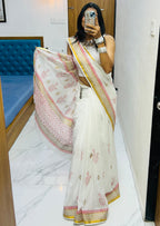 SELFI24 SOFT MASLIN COTTON WITH HEVY ZARI BODAR WHITE SAREE