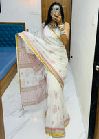 SELFI24 SOFT MASLIN COTTON WITH HEVY ZARI BODAR WHITE SAREE