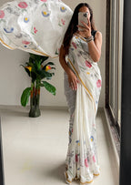 SELFI30 SOFT MASLIN COTTON WITH HEVY ZARI BODAR WHITE SAREE