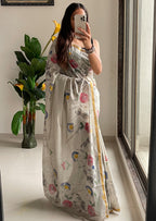 SELFI30 SOFT MASLIN COTTON WITH HEVY ZARI BODAR GREY SAREE