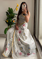 SELFI30 SOFT MASLIN COTTON WITH HEVY ZARI BODAR GREY SAREE