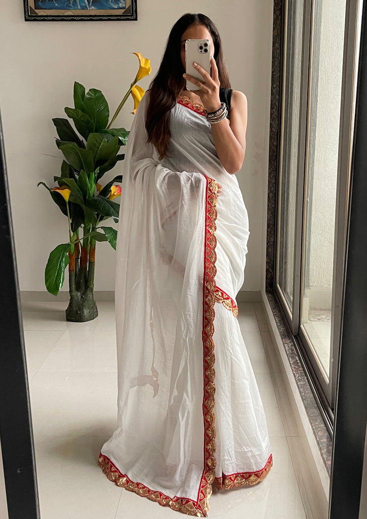 SELFI LIVA NATURAL FLUID FASHION PLAIN WHITE HEVY EMBROIDERY RED LACE SAREE
