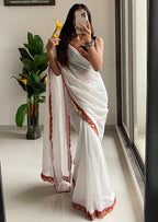 SELFI LIVA NATURAL FLUID FASHION PLAIN WHITE HEVY EMBROIDERY RED LACE SAREE