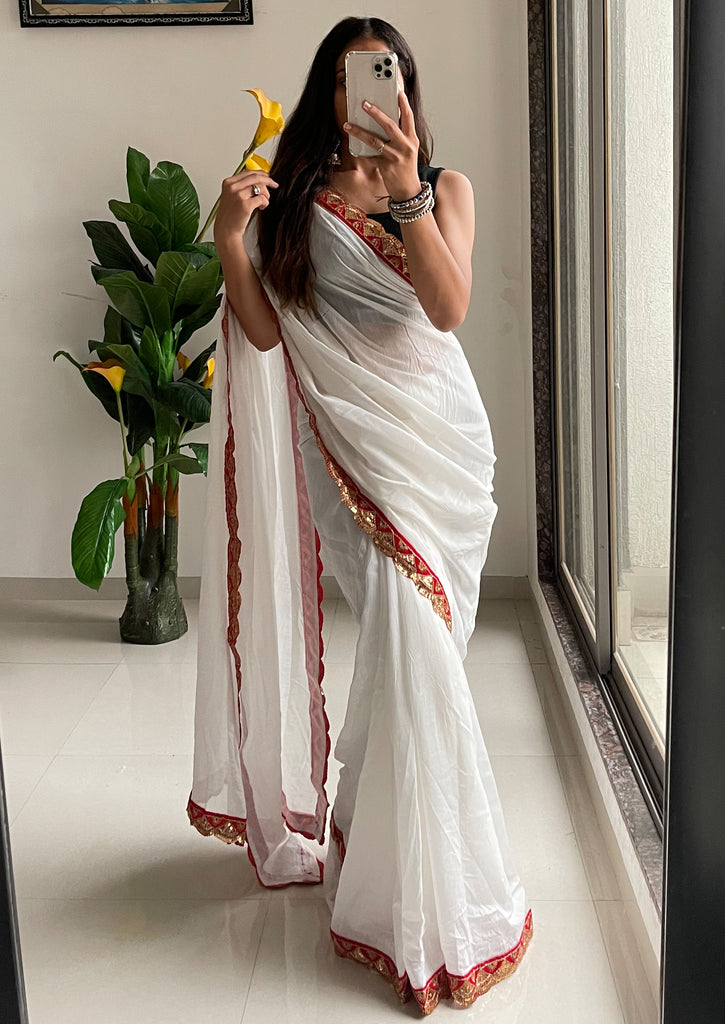 SELFI LIVA NATURAL FLUID FASHION PLAIN WHITE HEVY EMBROIDERY RED LACE SAREE