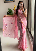 SELFI33 SOFT MASLIN COTTON WITH HEVY ZARI BODAR BABY PINK SAREE