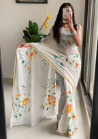 SELFI34 SOFT MASLIN COTTON WITH HEVY ZARI BODAR WHITE SAREE