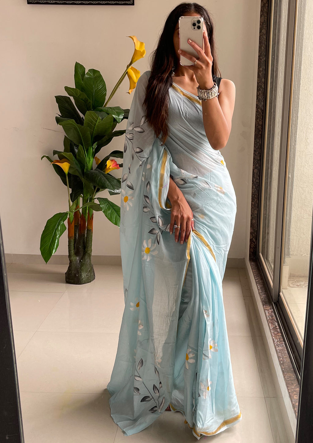 SELFI35 SOFT MASLIN COTTON WITH HEVY ZARI BODAR SKY BLUE SAREE
