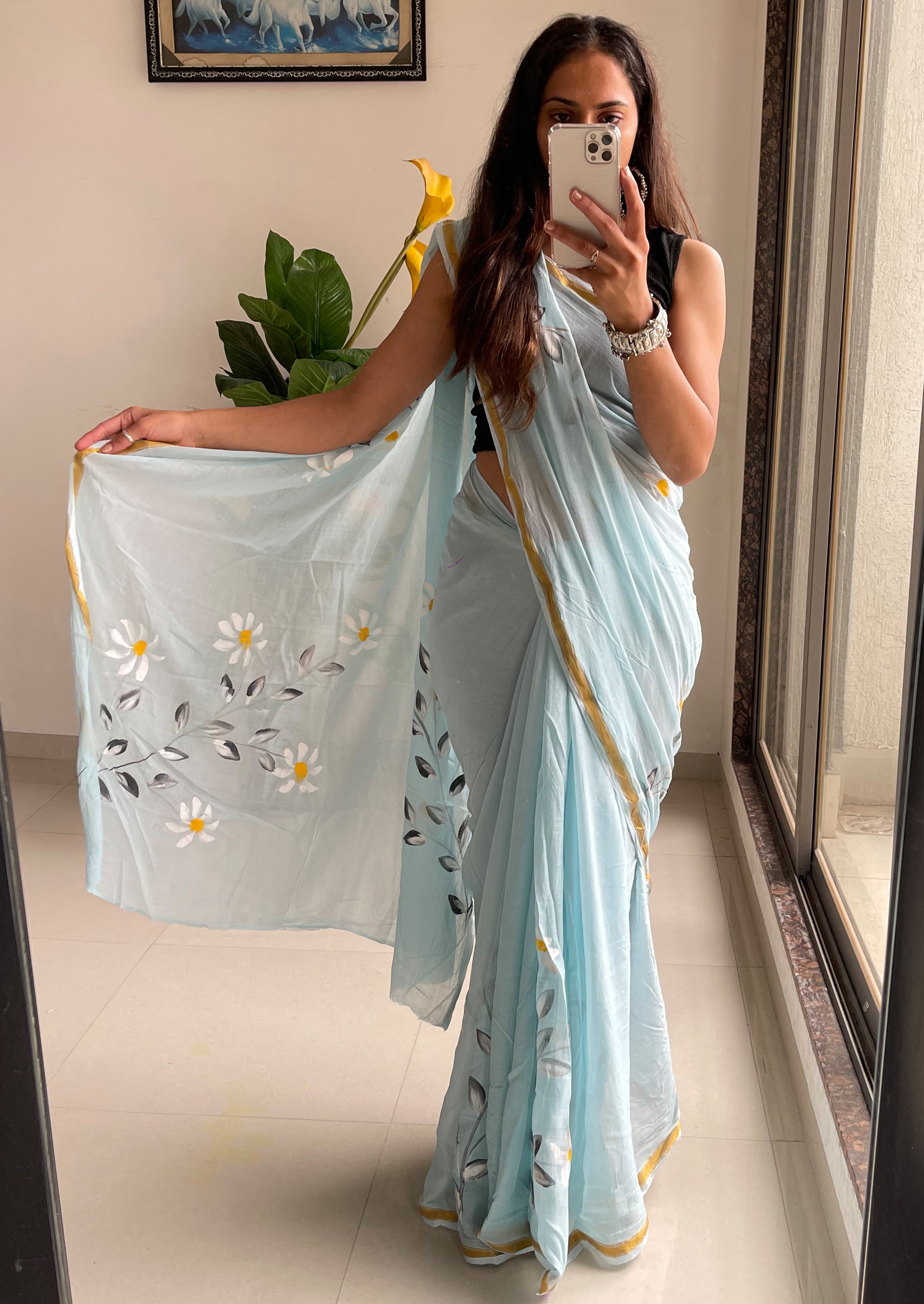 SELFI35 SOFT MASLIN COTTON WITH HEVY ZARI BODAR SKY BLUE SAREE