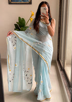 SELFI35 SOFT MASLIN COTTON WITH HEVY ZARI BODAR SKY BLUE SAREE