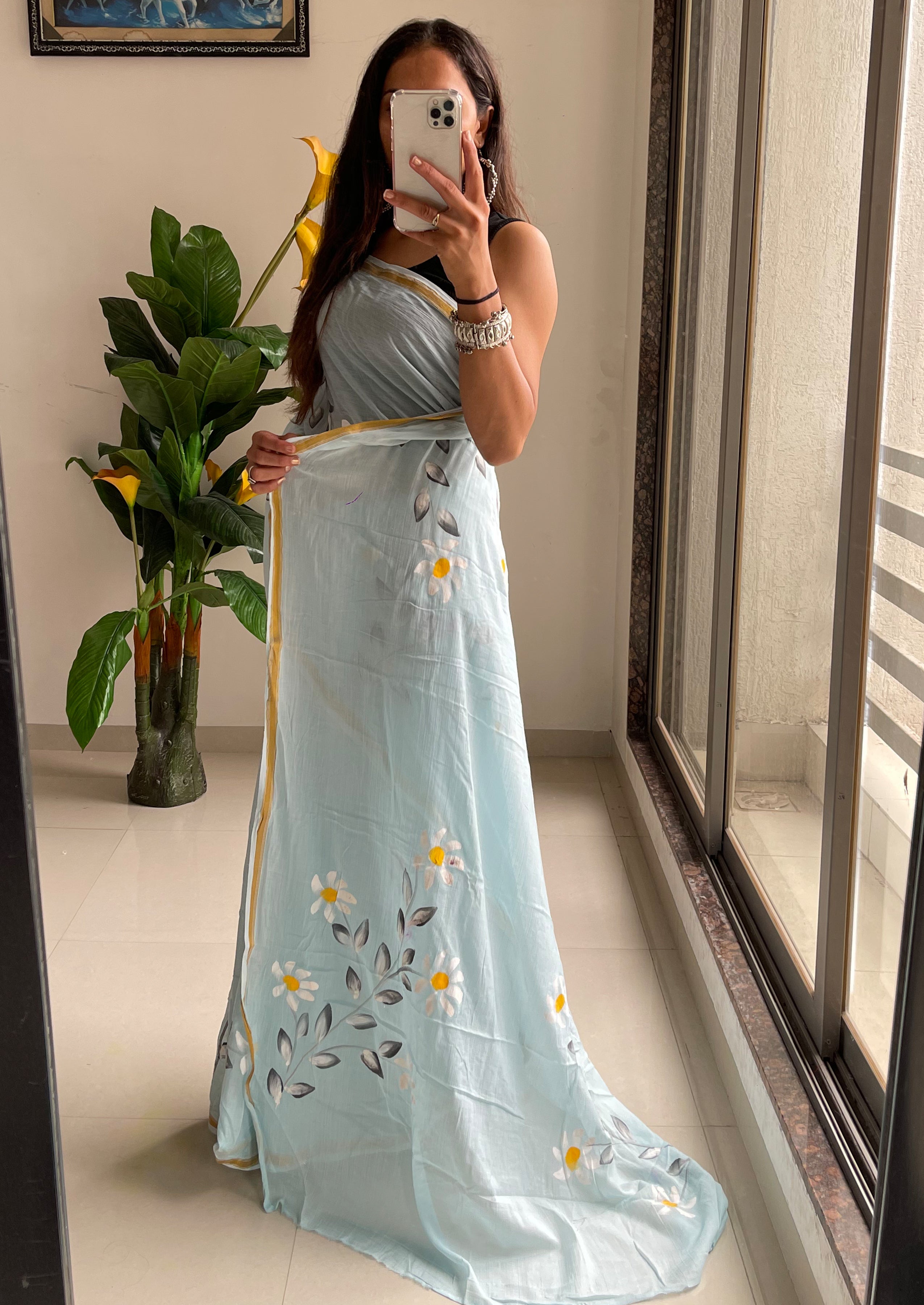 SELFI35 SOFT MASLIN COTTON WITH HEVY ZARI BODAR SKY BLUE SAREE
