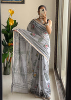 SELFI3 PRIMUM ORIGINAL LINEN WITH ZARI BODAR GREY SAREE