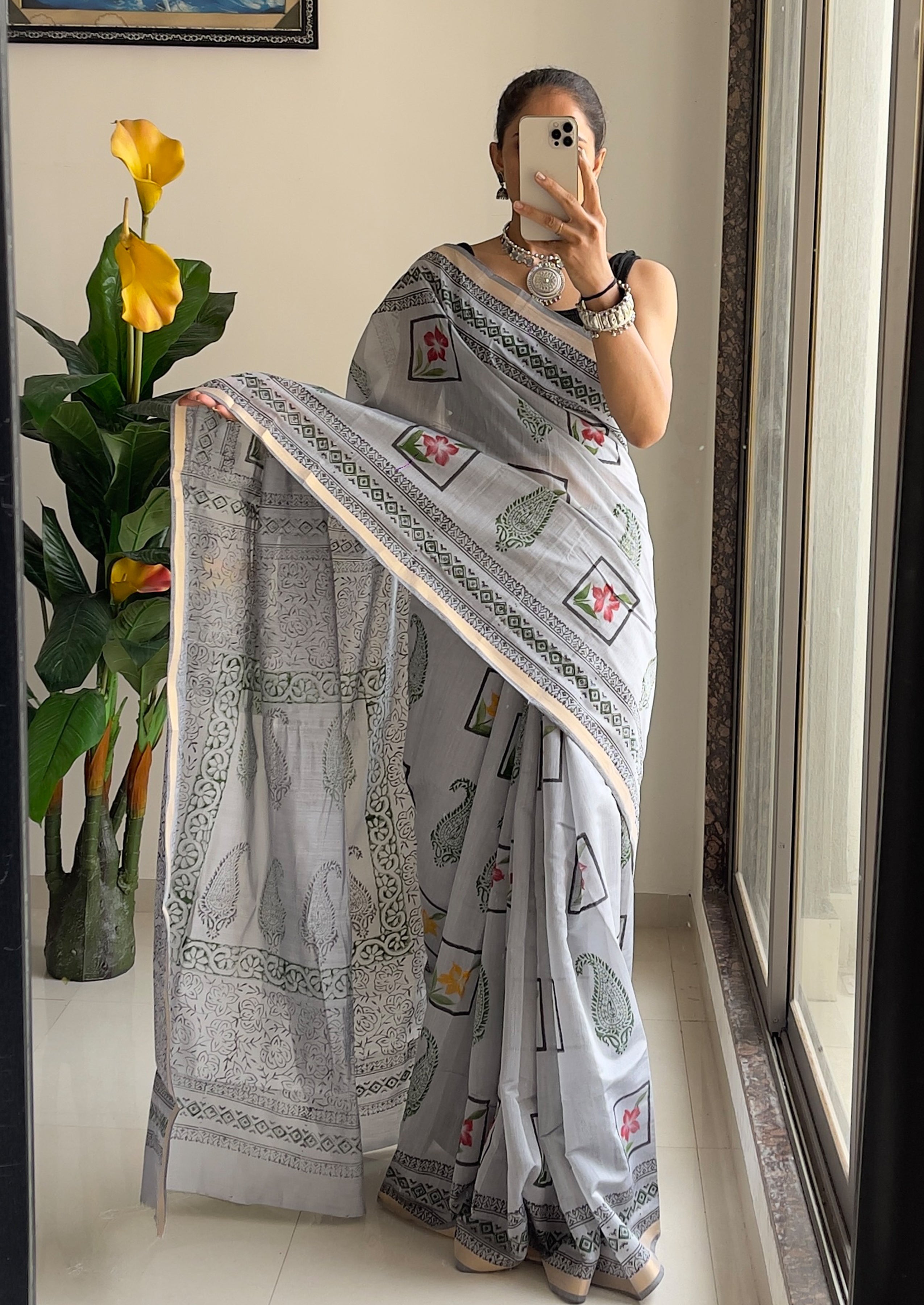 SELFI3 PRIMUM ORIGINAL LINEN WITH ZARI BODAR GREY SAREE