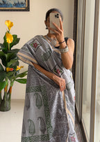 SELFI3 PRIMUM ORIGINAL LINEN WITH ZARI BODAR GREY SAREE