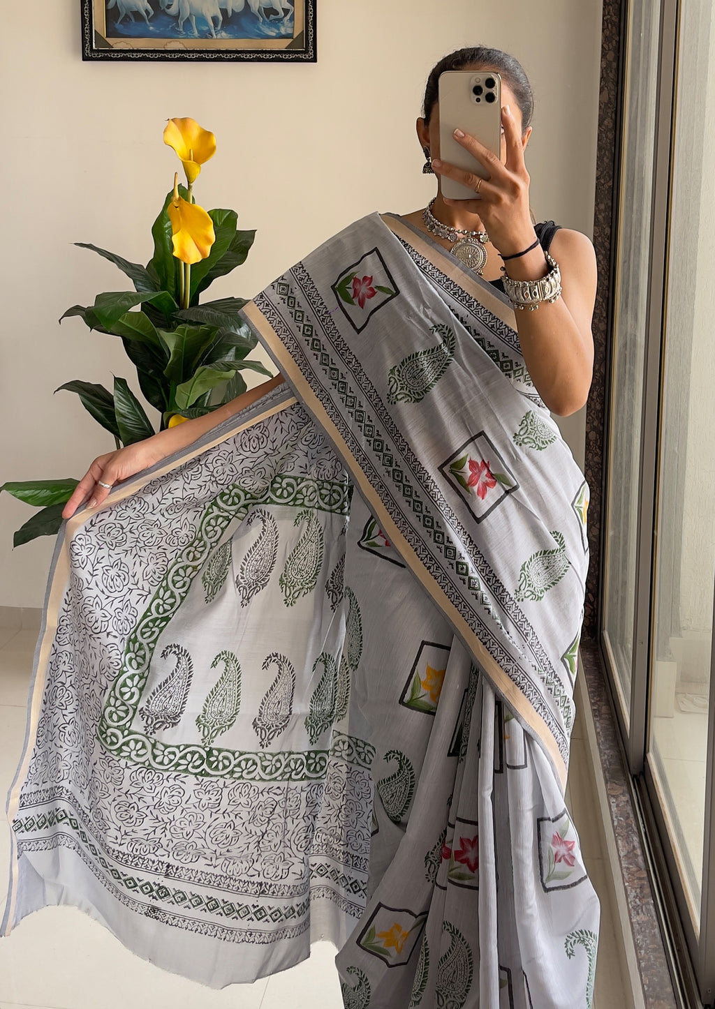 SELFI3 PRIMUM ORIGINAL LINEN WITH ZARI BODAR GREY SAREE