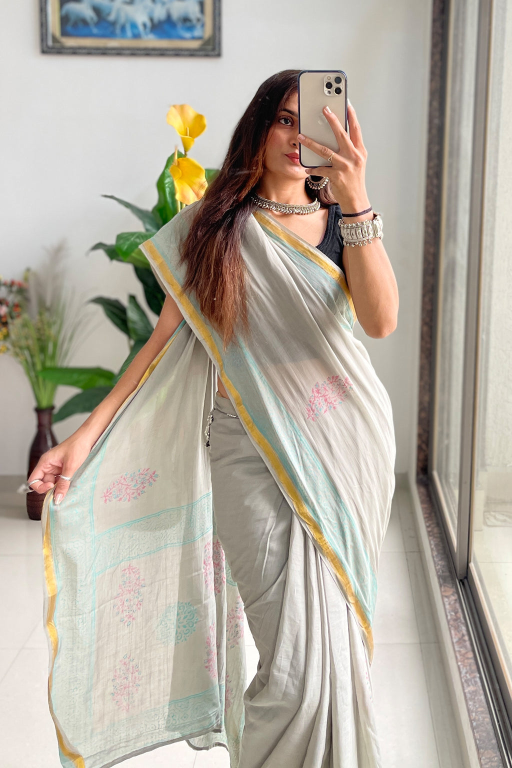 SELFI4 SOFT MASLIN COTTON WITH HEVY ZARI BODAR LIGHT GREY SAREE