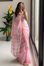 SELFI6 SOFT MASLIN COTTON WITH HEVY ZARI BODAR BABY PINK SAREE