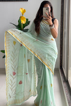 SELFI7 SOFT MASLIN COTTON WITH HEVY ZARI BODAR PISTA GREEN SAREE