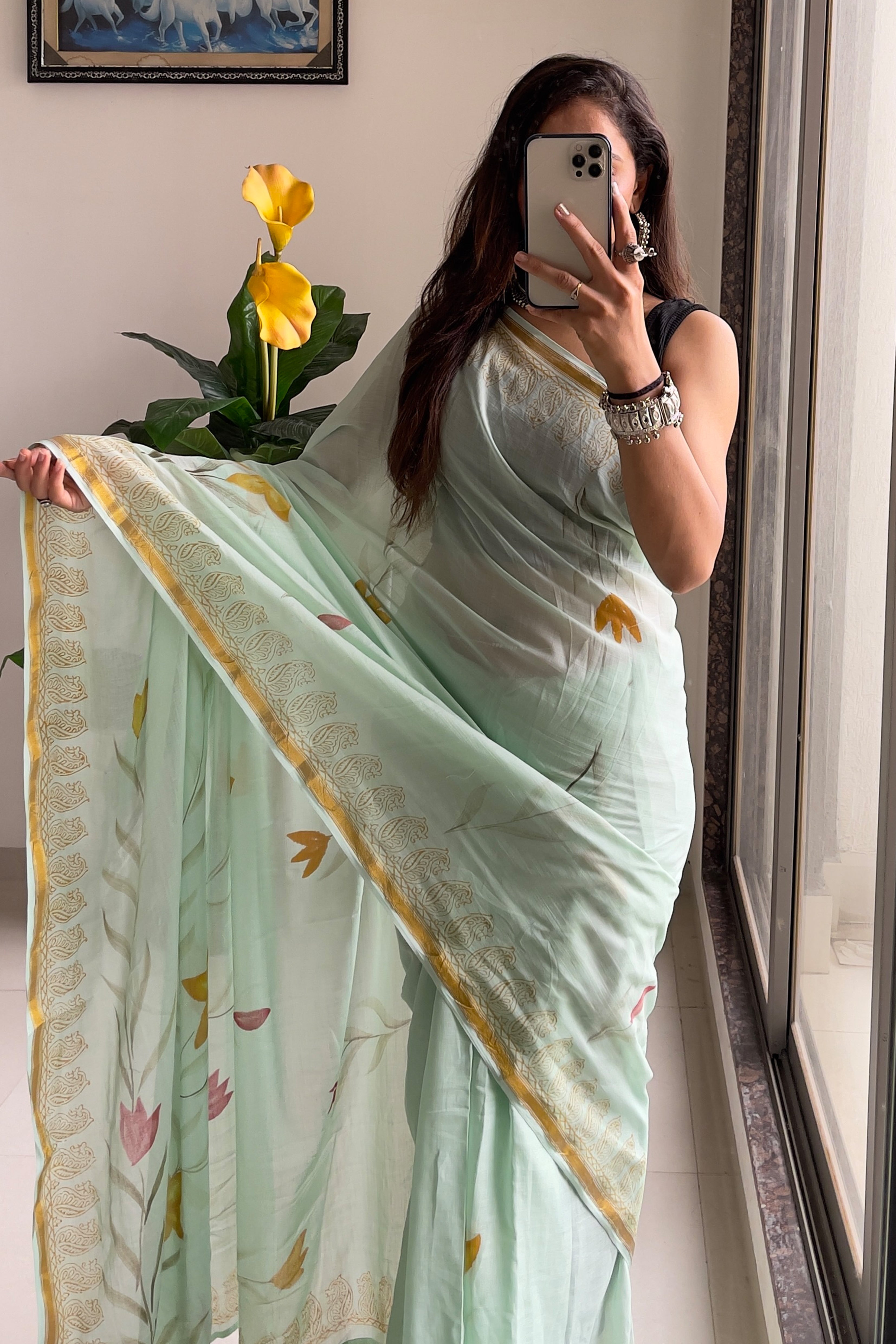 SELFI7 SOFT MASLIN COTTON WITH HEVY ZARI BODAR PISTA GREEN SAREE