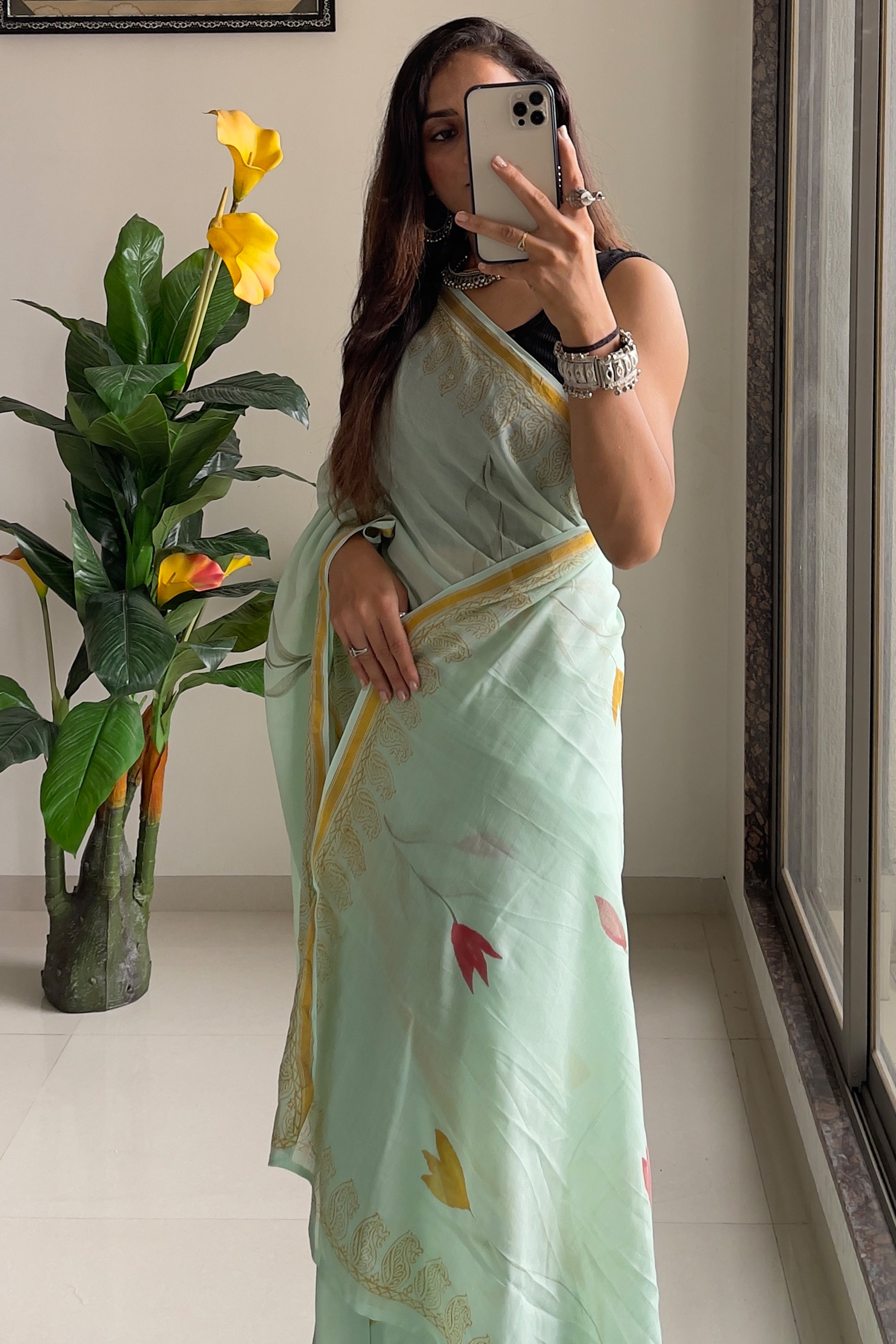 SELFI7 SOFT MASLIN COTTON WITH HEVY ZARI BODAR PISTA GREEN SAREE
