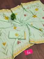 SELFI7 SOFT MASLIN COTTON WITH HEVY ZARI BODAR PISTA GREEN SAREE