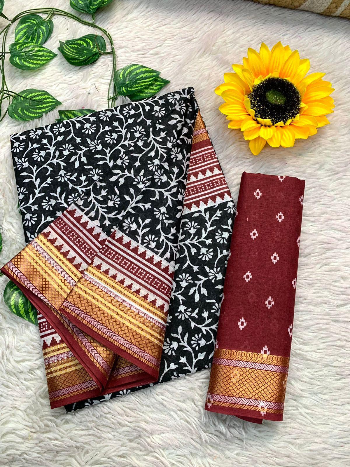 SELFI8 PRIMUM MULMUL COTTON WITH HEVY ZARI BORDAR BAGRU AJRAKH PRINTED BLACK SAREE