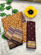 SELFI8 PRIMUM MULMUL COTTON WITH HEVY ZARI BORDAR BAGRU AJRAKH PRINTED GOLDEN SAREE