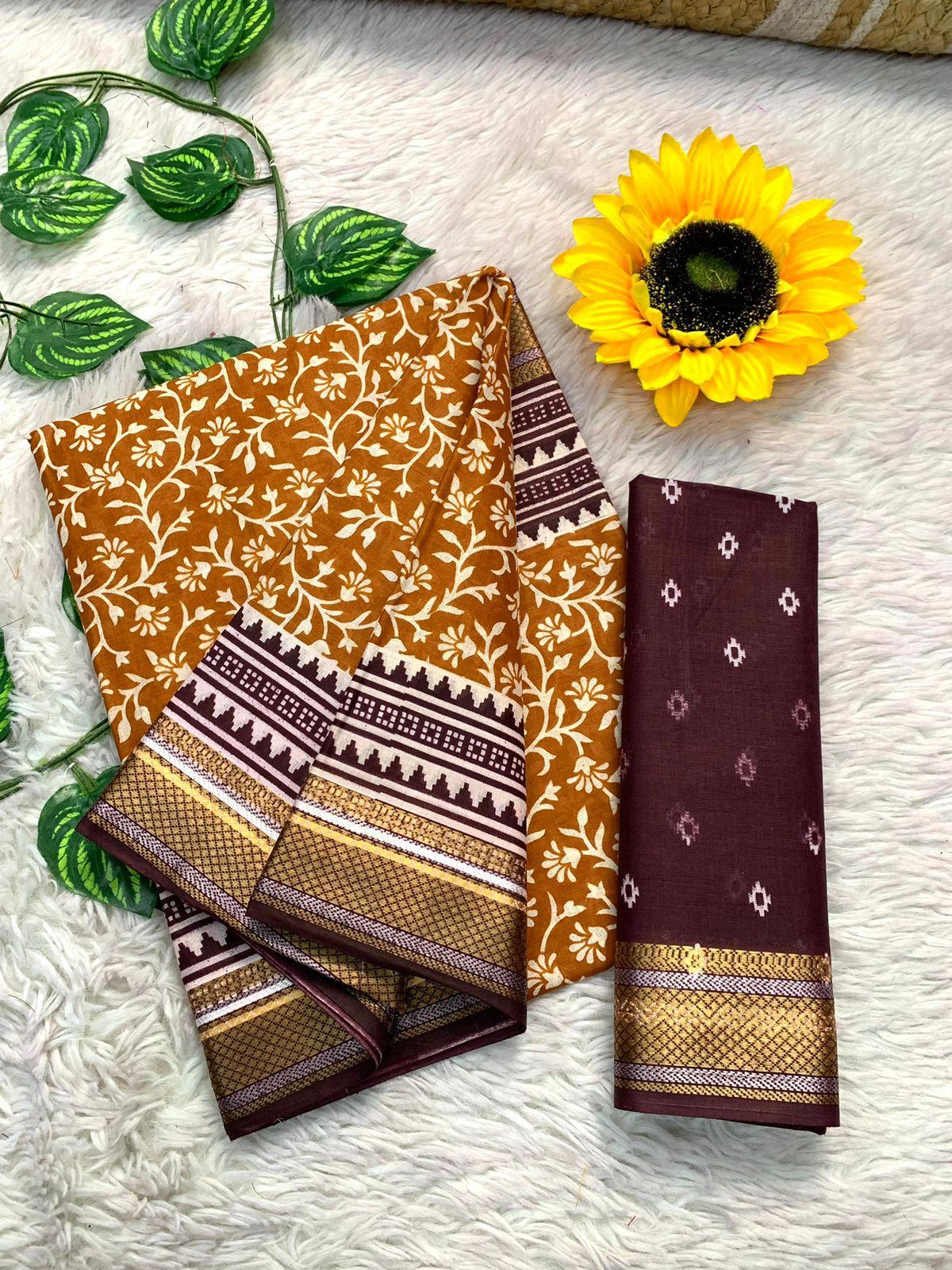 SELFI8 PRIMUM MULMUL COTTON WITH HEVY ZARI BORDAR BAGRU AJRAKH PRINTED GOLDEN SAREE