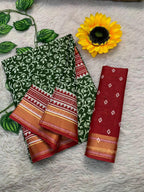 SELFI8 PRIMUM MULMUL COTTON WITH HEVY ZARI BORDAR BAGRU AJRAKH PRINTED GREEN SAREE