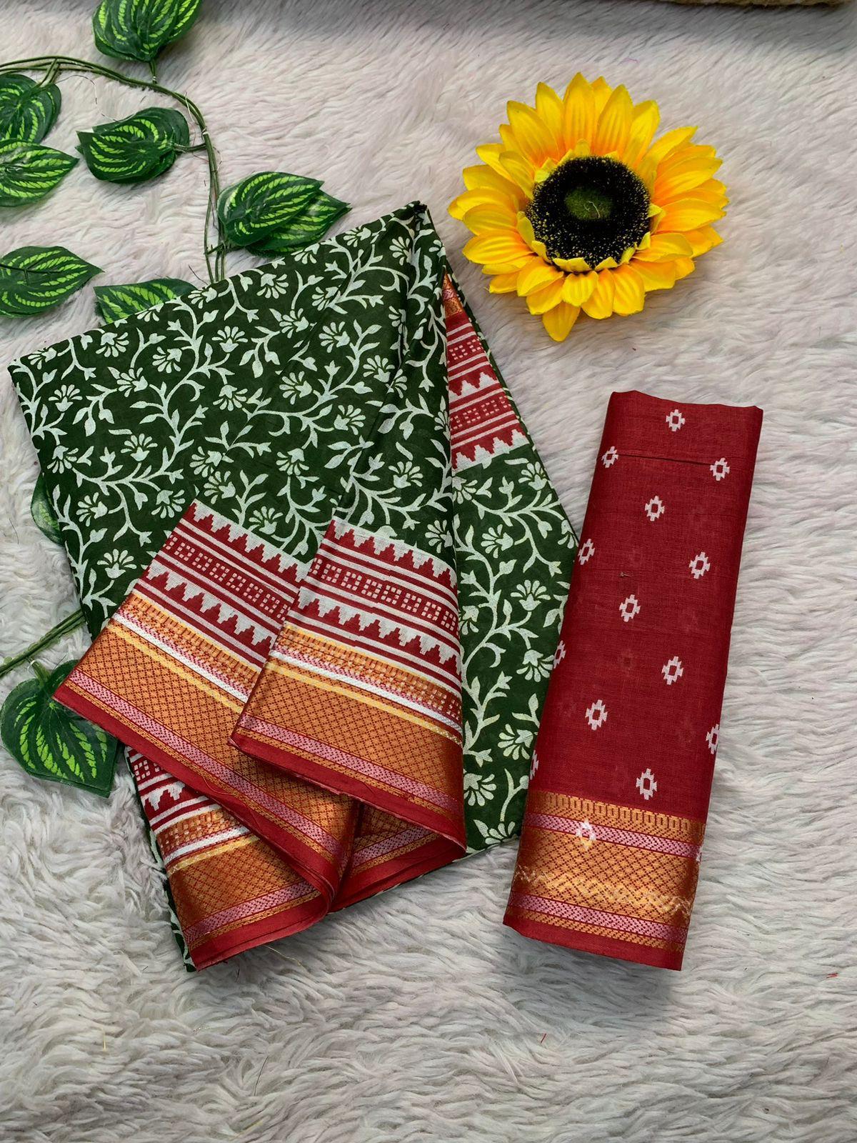 SELFI8 PRIMUM MULMUL COTTON WITH HEVY ZARI BORDAR BAGRU AJRAKH PRINTED GREEN SAREE