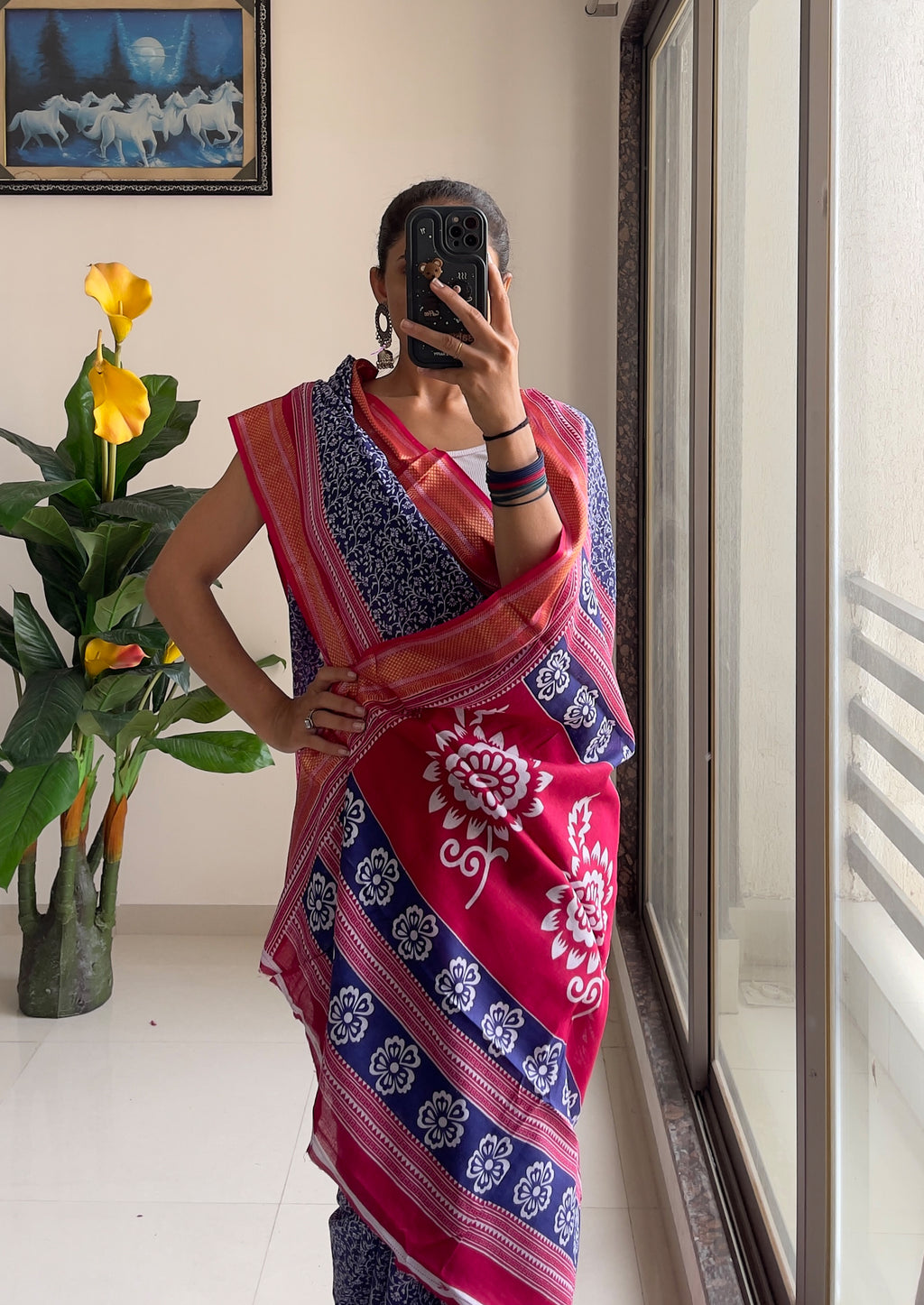 SELFI8 PRIMUM MULMUL COTTON WITH HEVY ZARI BORDAR BAGRU AJRAKH PRINTED ROYAL BLUE SAREE