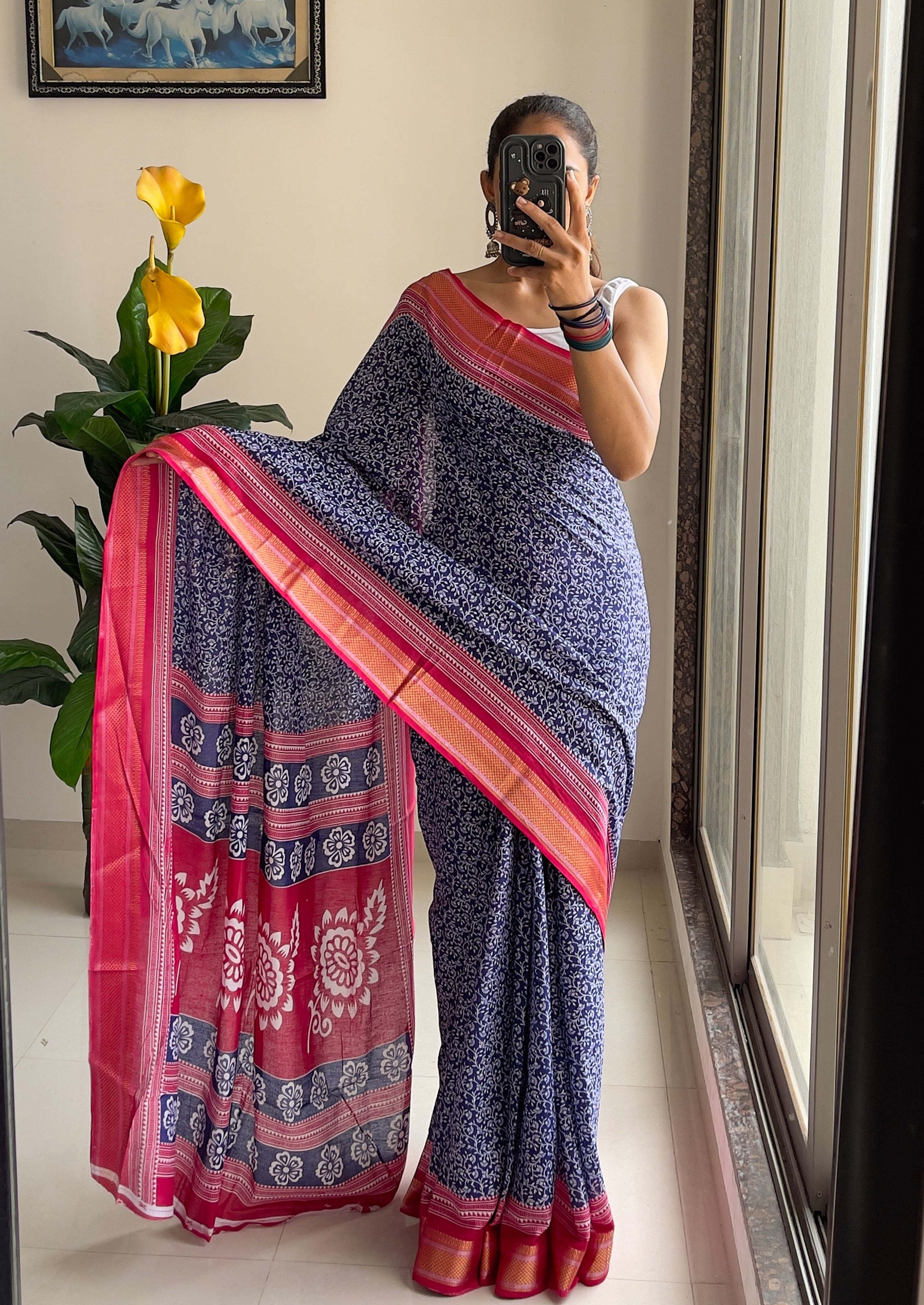 SELFI8 PRIMUM MULMUL COTTON WITH HEVY ZARI BORDAR BAGRU AJRAKH PRINTED ROYAL BLUE SAREE
