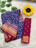 SELFI8 PRIMUM MULMUL COTTON WITH HEVY ZARI BORDAR BAGRU AJRAKH PRINTED ROYAL BLUE SAREE