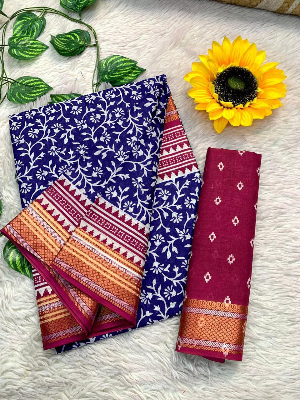 SELFI8 PRIMUM MULMUL COTTON WITH HEVY ZARI BORDAR BAGRU AJRAKH PRINTED ROYAL BLUE SAREE