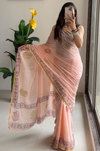 SELFI9 SOFT MASLIN COTTON WITH HEVY ZARI BODAR PINK PEACH SAREE