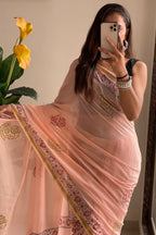 SELFI9 SOFT MASLIN COTTON WITH HEVY ZARI BODAR PINK PEACH SAREE