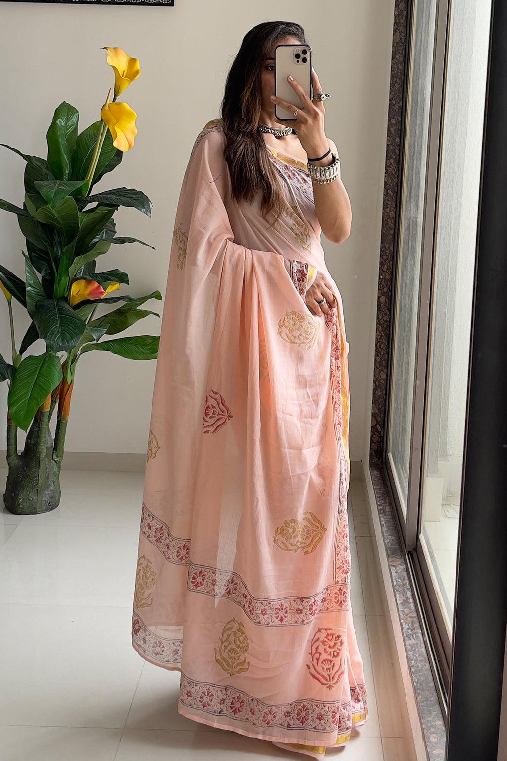 SELFI9 SOFT MASLIN COTTON WITH HEVY ZARI BODAR PINK PEACH SAREE