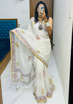 SELFI9 SOFT MASLIN COTTON WITH HEVY ZARI BODAR WHITE SAREE