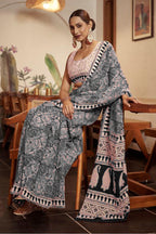SHIVALIS PURE MULMUL COTTON AJRAKH BLOCK PRINT GREY SAREE