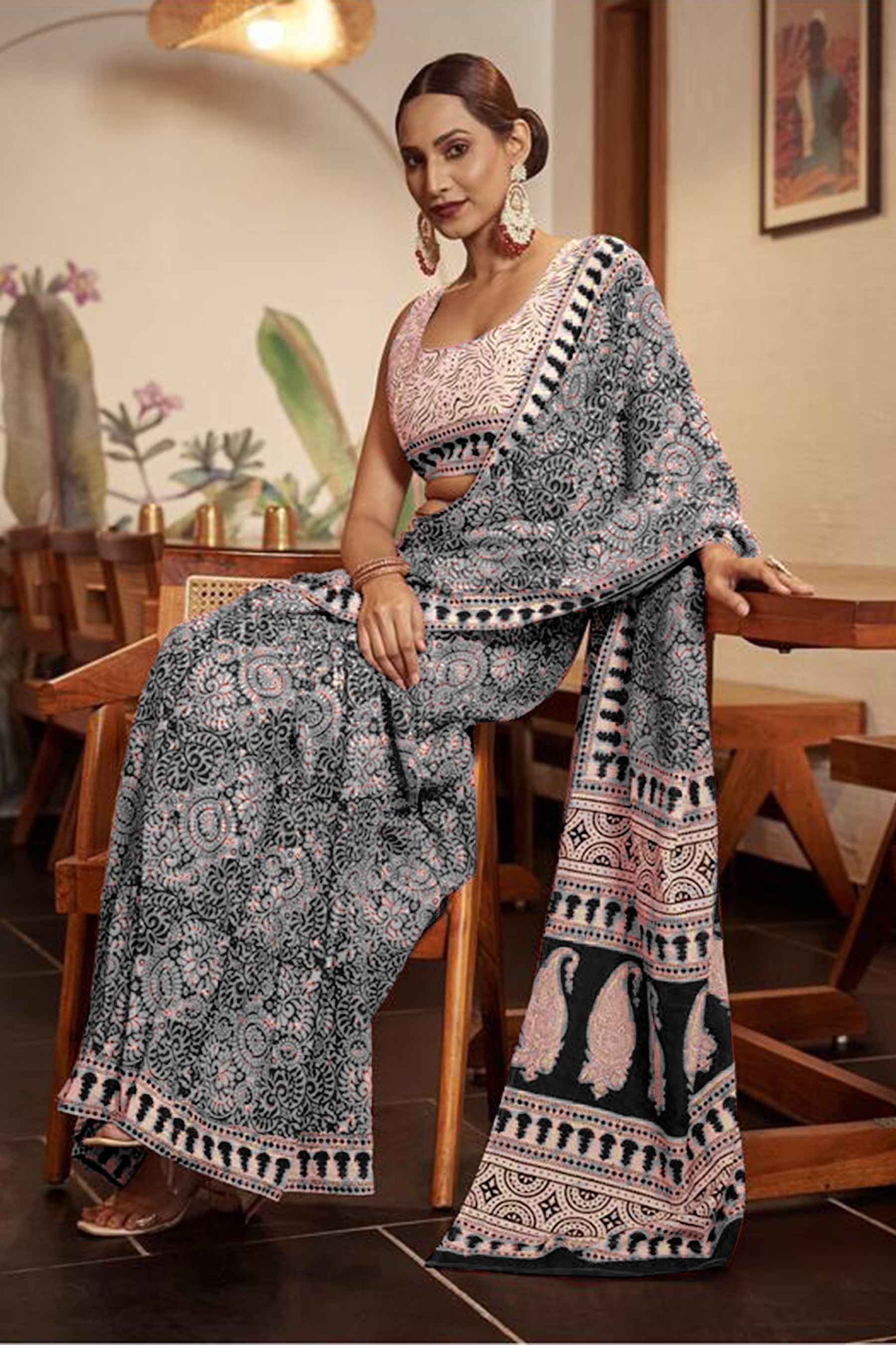 SHIVALIS PURE MULMUL COTTON AJRAKH BLOCK PRINT GREY SAREE