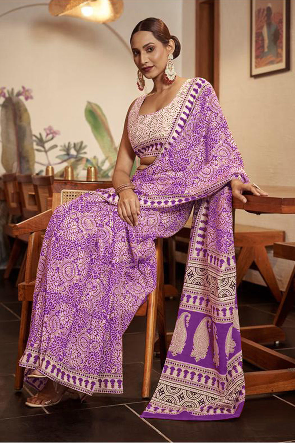 SHIVALIS PURE MULMUL COTTON AJRAKH BLOCK PRINT PURPLE SAREE