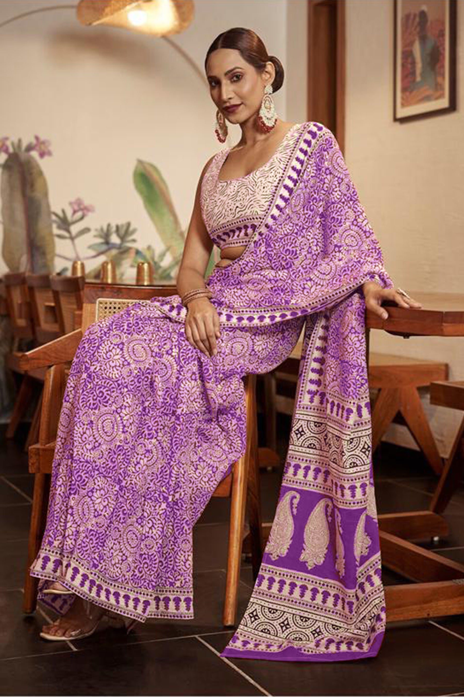 SHIVALIS PURE MULMUL COTTON AJRAKH BLOCK PRINT PURPLE SAREE
