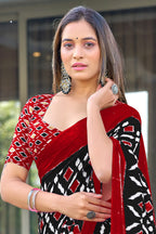 SIMRAN PURE MULMUL COTTON IKKAT  PRINTED BLACK SAREE