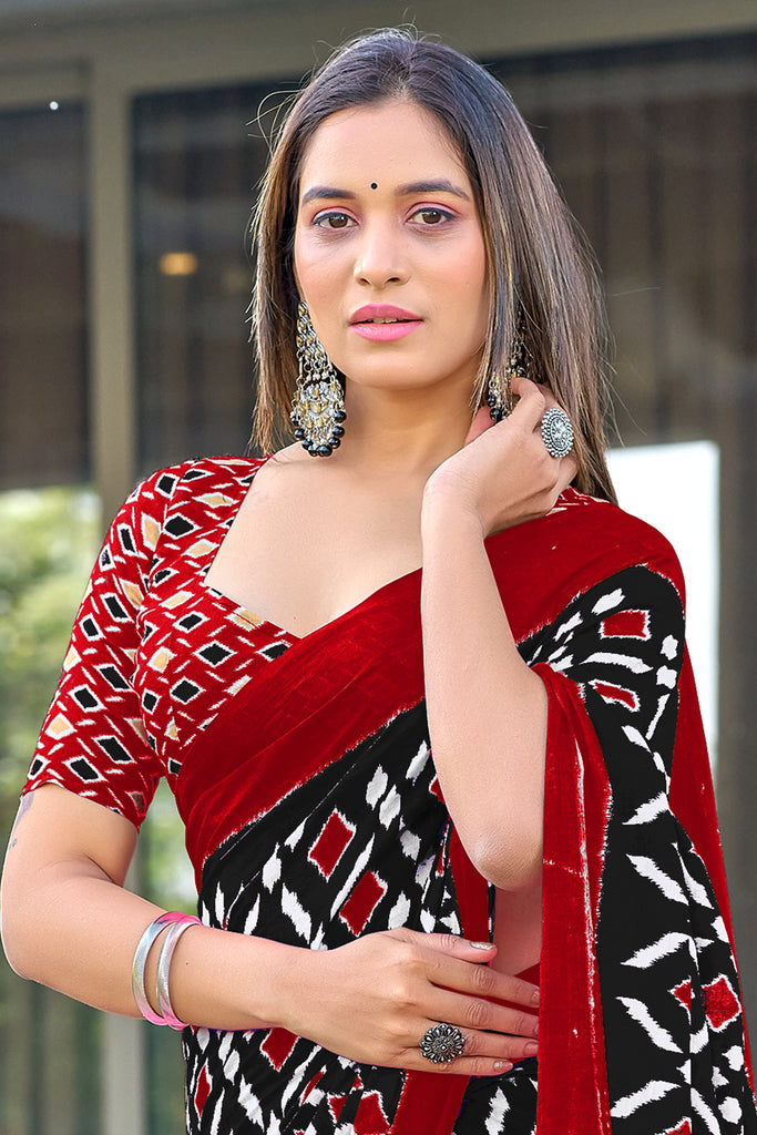 SIMRAN PURE MULMUL COTTON IKKAT  PRINTED BLACK SAREE