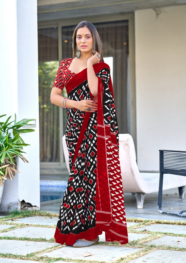 SIMRAN PURE MULMUL COTTON IKKAT  PRINTED BLACK SAREE