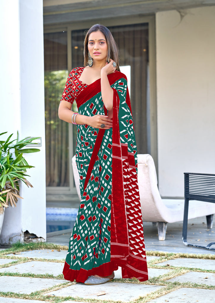 SIMRAN PURE MULMUL COTTON IKKAT  PRINTED GREEN SAREE