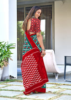 SIMRAN PURE MULMUL COTTON IKKAT  PRINTED GREEN SAREE