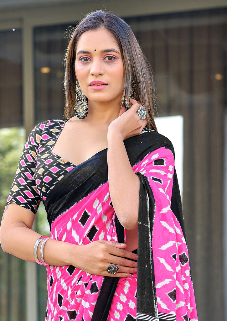 SIMRAN PURE MULMUL COTTON IKKAT  PRINTED PINK SAREE
